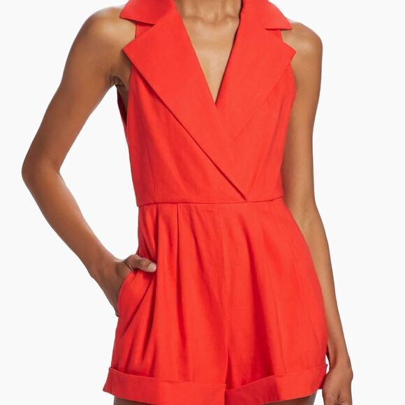 Alice + Olivia Meritt Linen-Blend Romper size 6 Color-Chili Pepper $440 - Picture 5 of 12